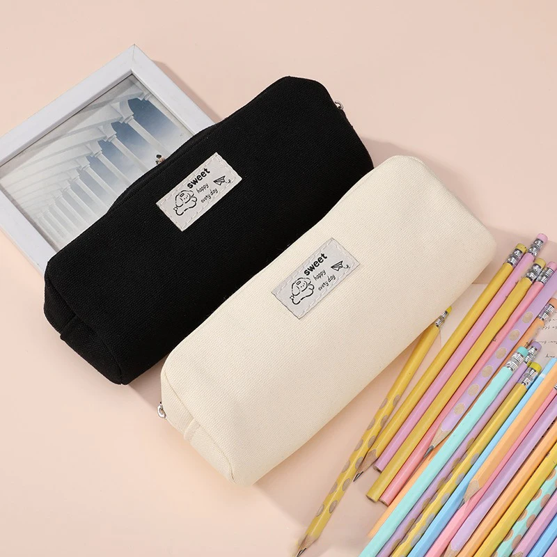 

Cute Dog Pencil Bag Canvas Pencil Case Large Capacity Student Stationery Storage Bag Simple Solid Color Pen Bag School Supplies