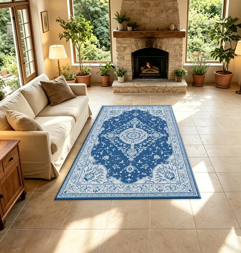 Blue and White Vintage Oriental Medal Pattern Carpet Traditional Floral Border Pattern Floor Rug Suitable for Living Room Home Decor