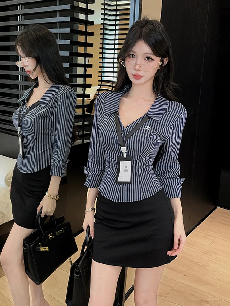 High Waist Stripe Shirt And Skirt Set Women's Fashion Workwear Sleeveless Turn-down Collar Casual Outfit Autumn Collection