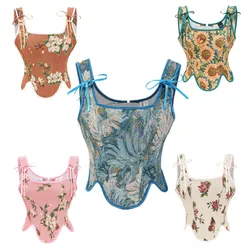 Women French Floral Printed Retro Vest Overbust Corset Body Shaper Lace Up Shoulder Strap Bustiers Crop Tops Camisole