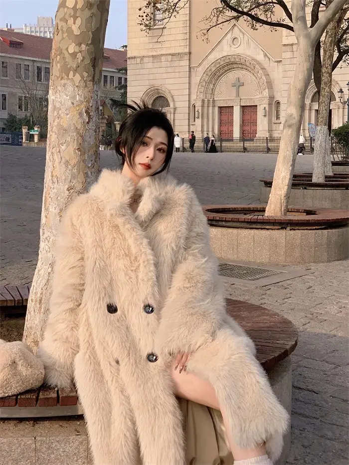 2024 Winter New Women's Thickened Warm Single Breasted Coat Female Flocking Long Sleeve Faux Fur Fur Winter Outerwear Y09