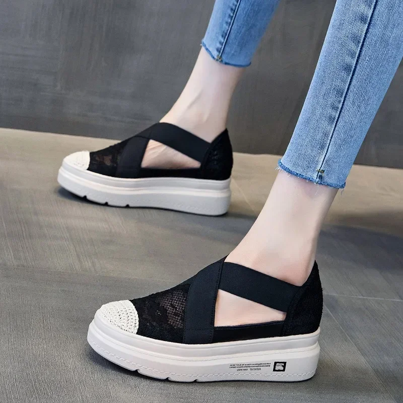 7cm Air Mesh Platform Wedge Flats Lace Breathable Comfy High Brand Summer Spring Fashion Chunky Sneaker Autumn Casual Shoes