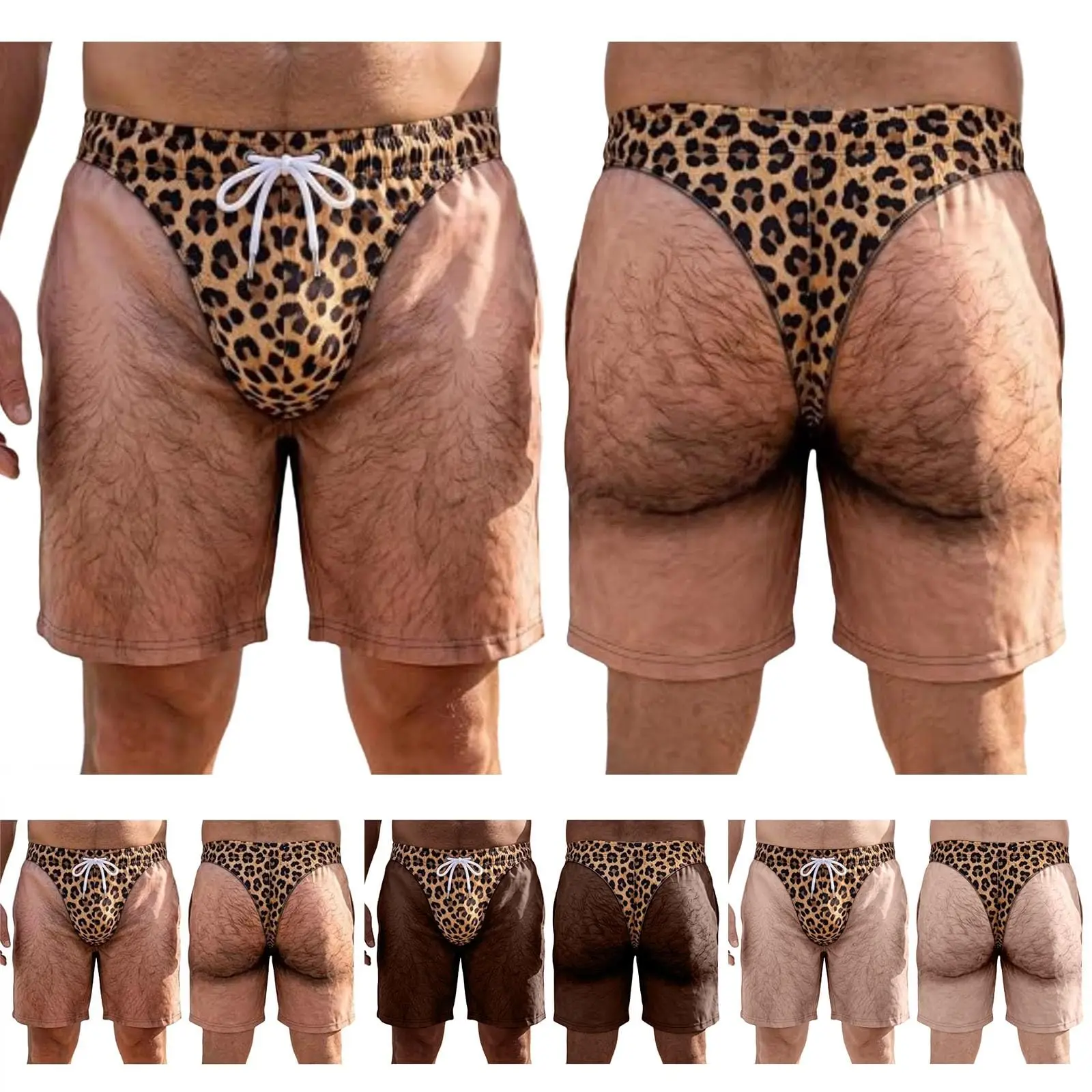 Men Funny Prank Swim Trunks 3D Hairy Skin Leopard Bikini Print Novelty Fake Butt Design Beach Shorts for Summer Party Joke Gift