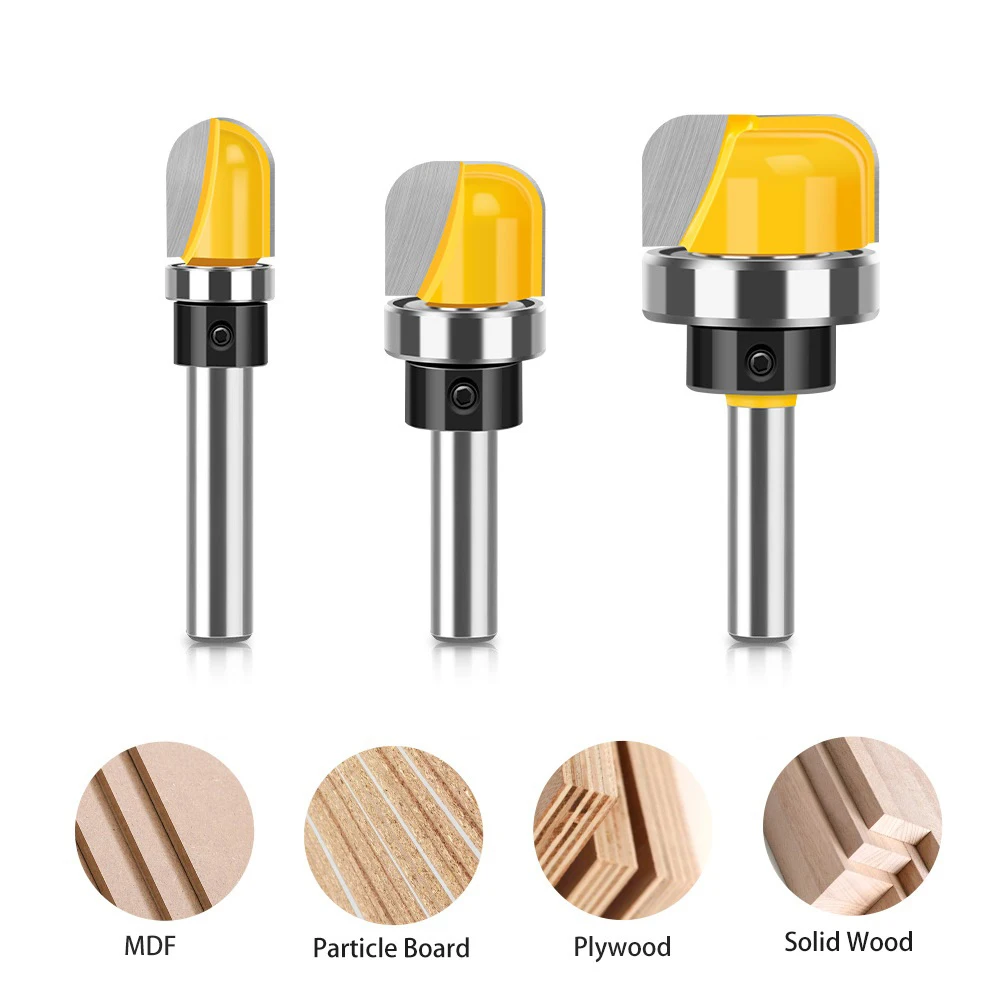 Set of 3 8mm Shank Router Bits with Round Nose Milling Cutter and Bearing for Woodworking Bowl and Tray Projects