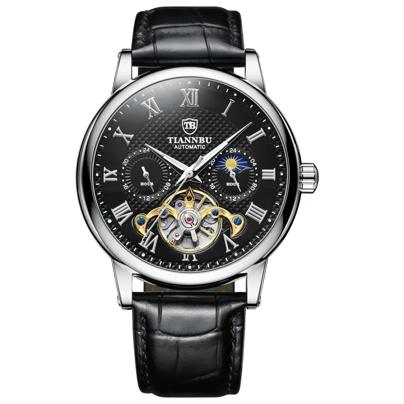 Automatic Mechanical Men's Watch with Luminous Hand Leather Band Waterproof Fashion and Sporty Style Sun Pattern High Quality view 3