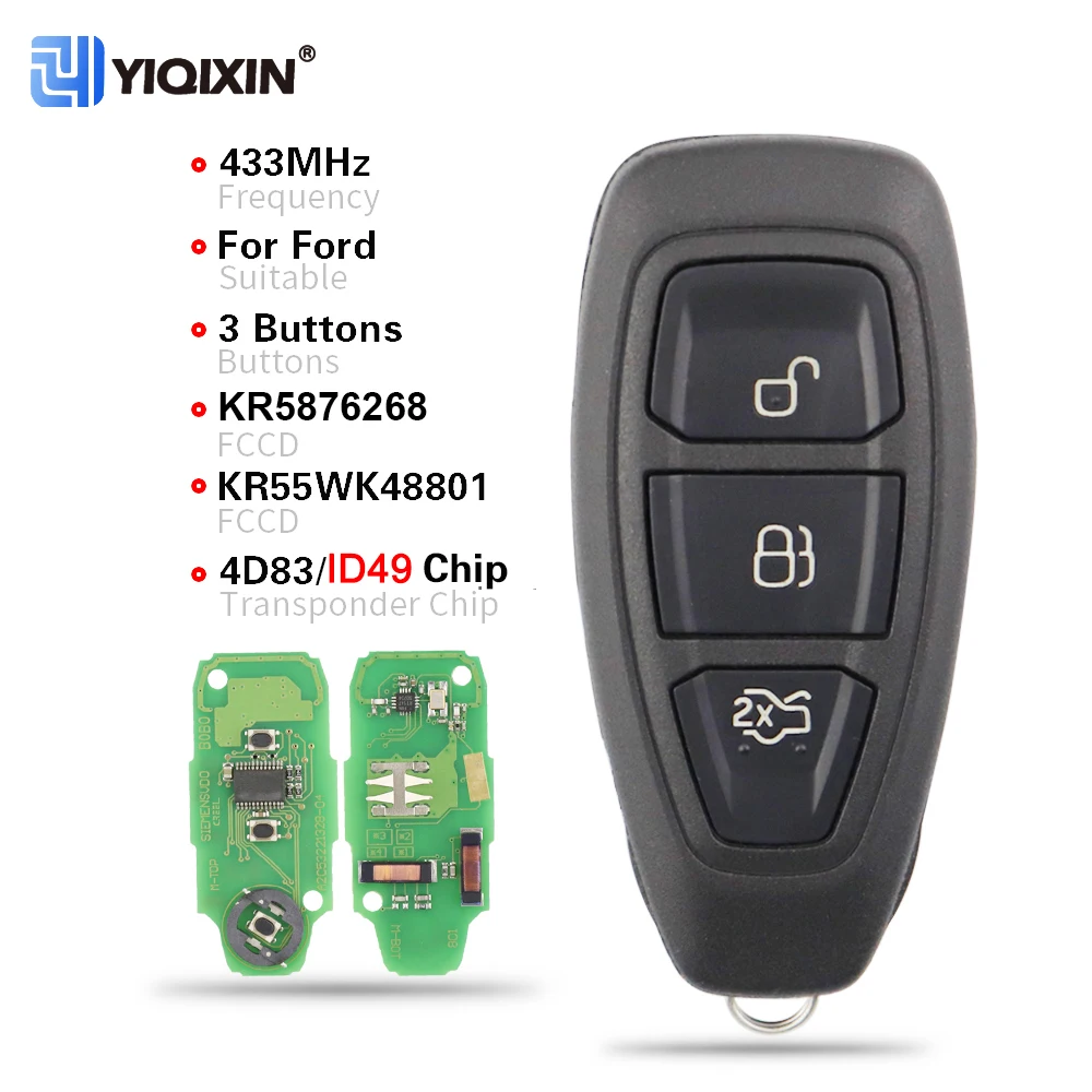 433Mhz 3 Button Remote Car Key Card For Ford Mondeo Kuga Fiesta Focus B C-Max KR55WK48801 KR5876268 ID49 4D63 Chip 80Bit FSK ASK