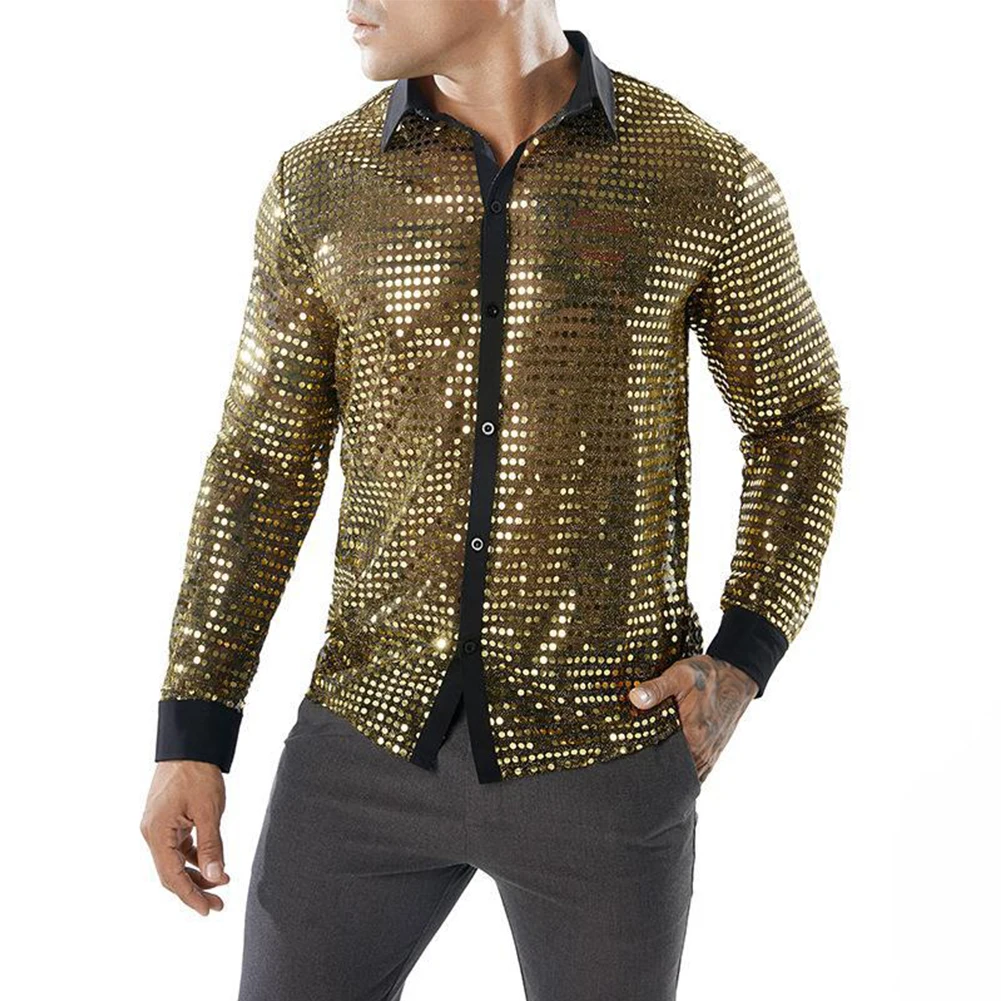 Men's Disco Shiny Gold Sequin Design Dress Shirt Long Sleeve Button Down Christmas Halloween Bday Party Stage Costume