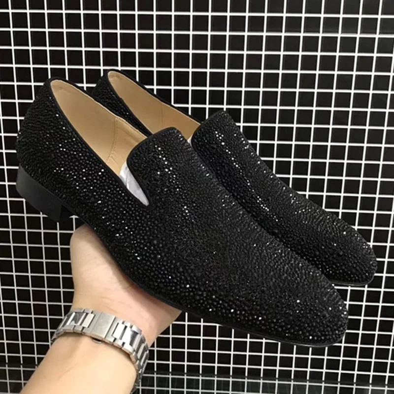 

Men's Rhinestones Loafers Black Suede Leather Dress Casual Flats Handmade Red Sole Slip-On Party Wedding Shoes