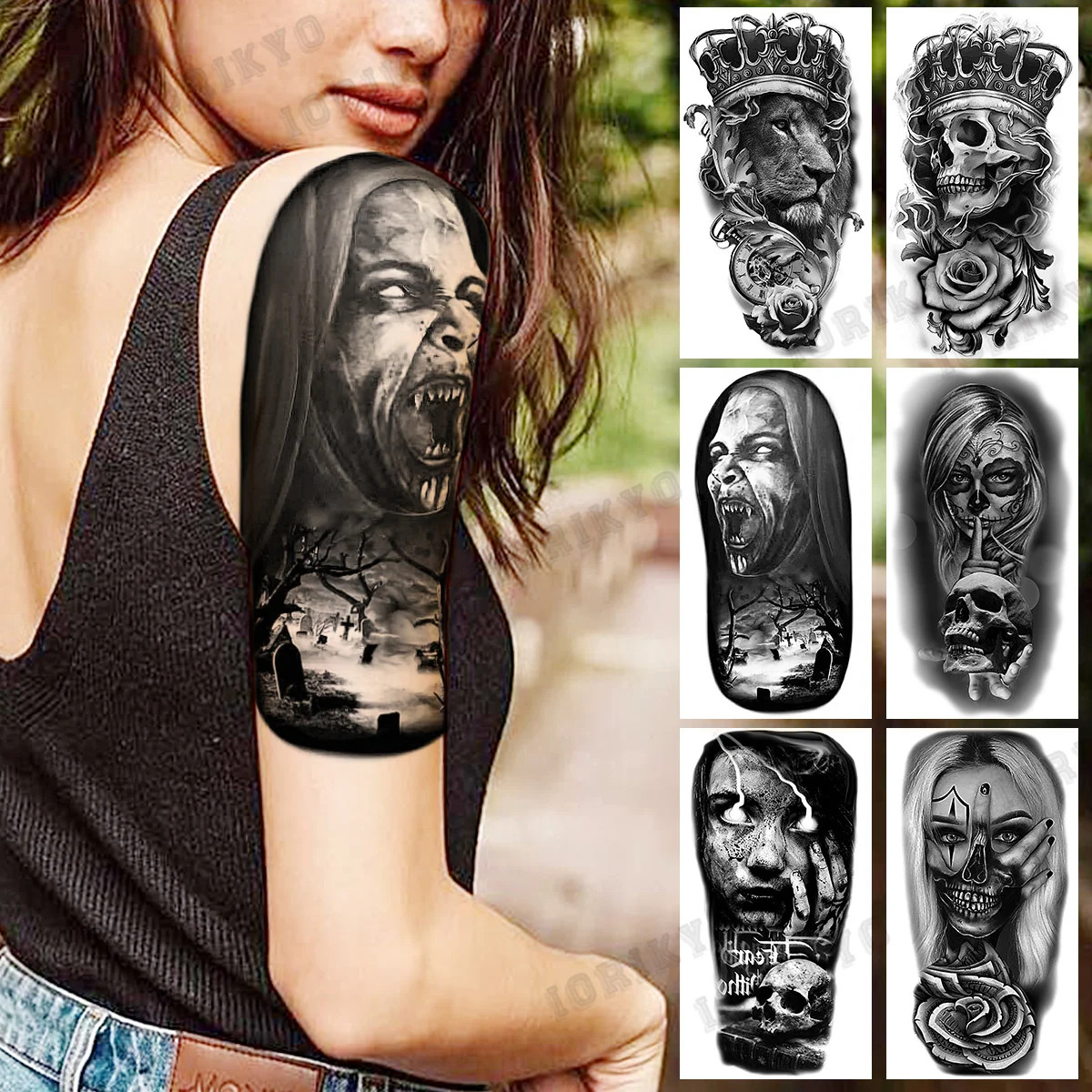 

Black Devil Vampire Arm Temporary Tattoos For Women Adult Skull Lion Crown Compass Fake Tattoo Washable Body Art Painting Tatoos