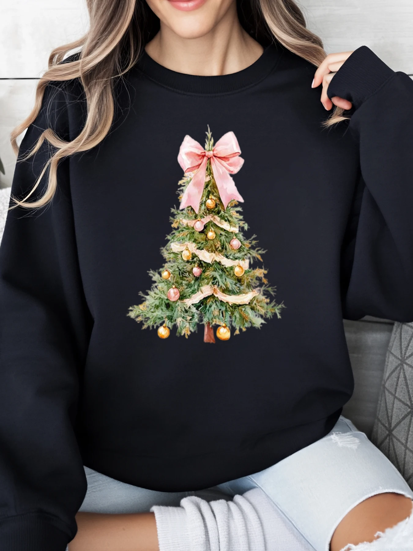 

Рождественская елка с розовым бантом и принтом Рождественский свитшот Женская повседневная праздничная одежда Черный Большие размеры