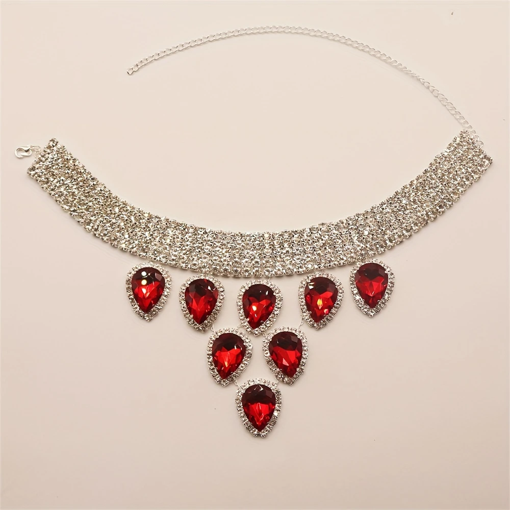 Exquisite Sparkling Red Rhinestone Necklace Jewelry Fashion Luxury Banquet Party Crystal Necklace Jewelry Wearing Accessories