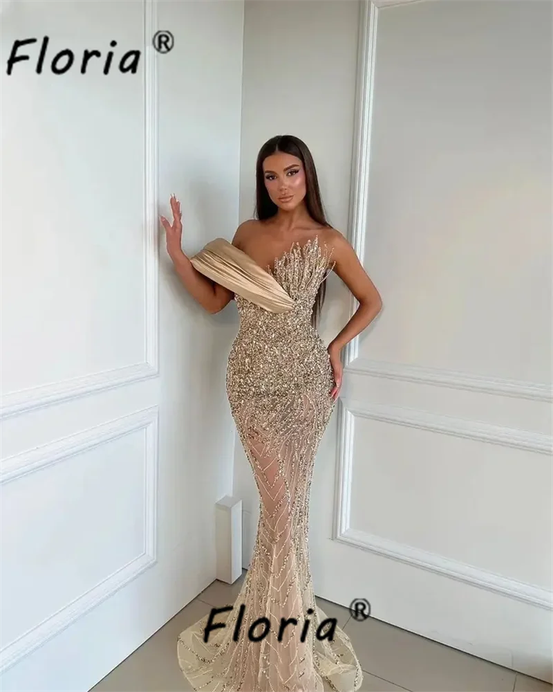Robe de Soirée de Forme Sirène avec Perles de Dubaï, Tenue Élégante, Champagne, Appliques 3D, Arabe, Bal de Promo Formel, Personnalisée, 123