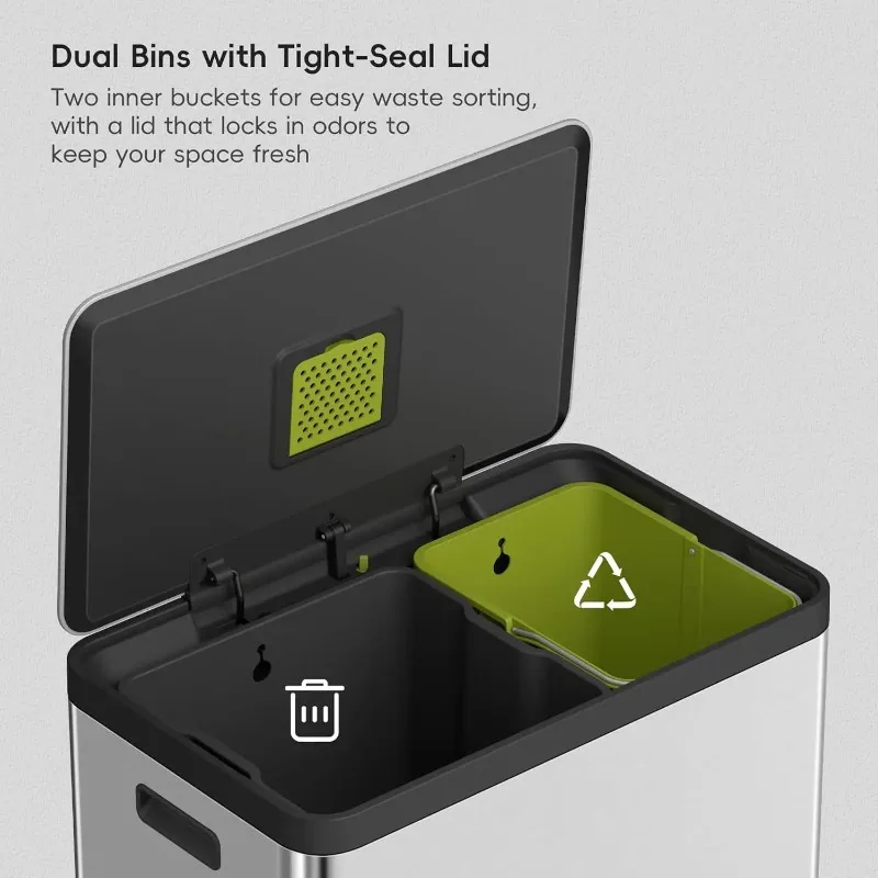 Deodorizer Compartment .36L+24L Dual Trash Can with Recycle Bin, Stainless Steel Odor- Garbage Can with Lid