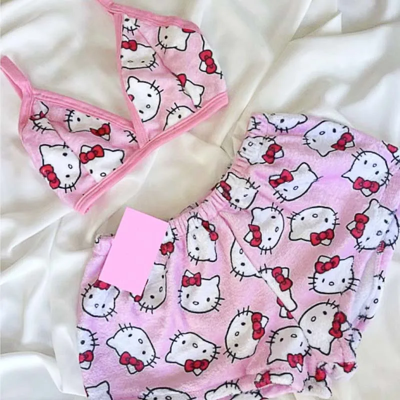 

Kawaii Hello Kitty 2 Piece Pajama Pants Sexy Sweet Bra Vest Plush Shorts Sleepwear Outfit Woman Summer Homewear Cartoon Costumes