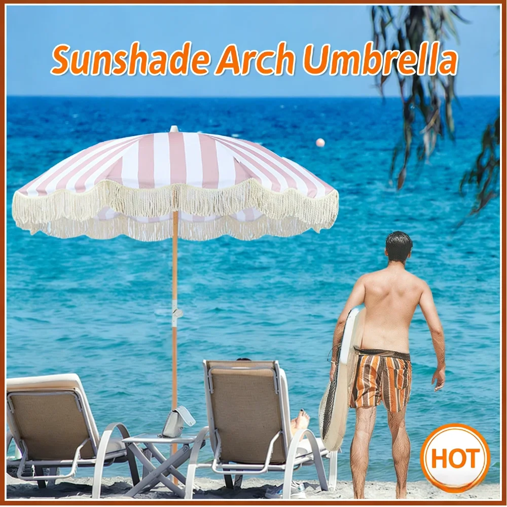 

Пляжный зонт в полоску с бахромой в богемном стиле, с защитой от солнца UPF50+, с наклонной штангой, портативный, для бассейна, сада, двора