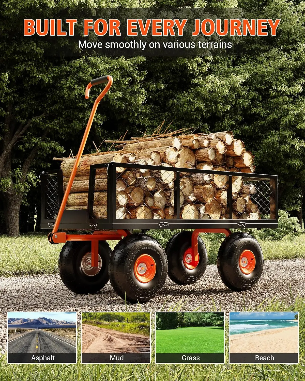 500 LBS Capacity Steel Garden Wagon Cart 2-in-1 Handle 180° Flexible Handle, with Removable Sides Household Courtyard Camping Lawn 4 Wheel Barrow Outdoor Steel Cart Beach Wagon Cart