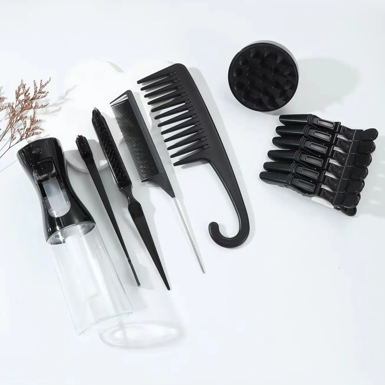 

12 piece hair styling tool set with spray bottle, multifunctional hair brush, comb, hair clip Special for real hair wigs