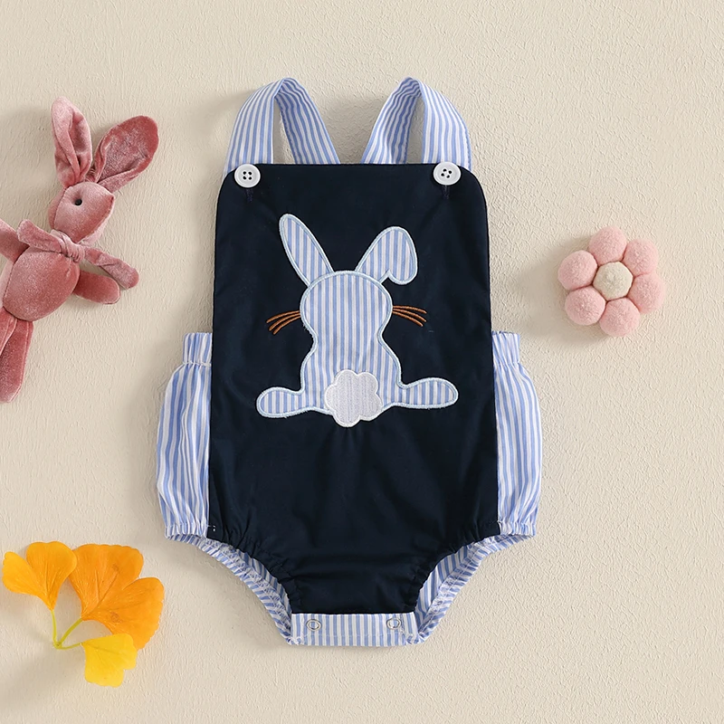 FOCUSNORM 0-18M Lovely Baby Boys Girls Easter Romper Sleeveless Square Neck Rabbit Carrot Embroidery Bodysuit Newborn Playsuit