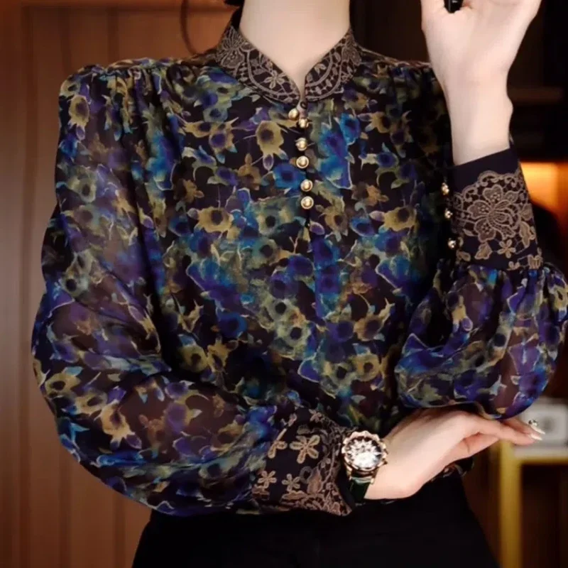 

Spring Autumn Stand Collar Long Sleeve Fashion Blouse Women High Street Casual Loose Printing Pullovers Vintage All-match Tops