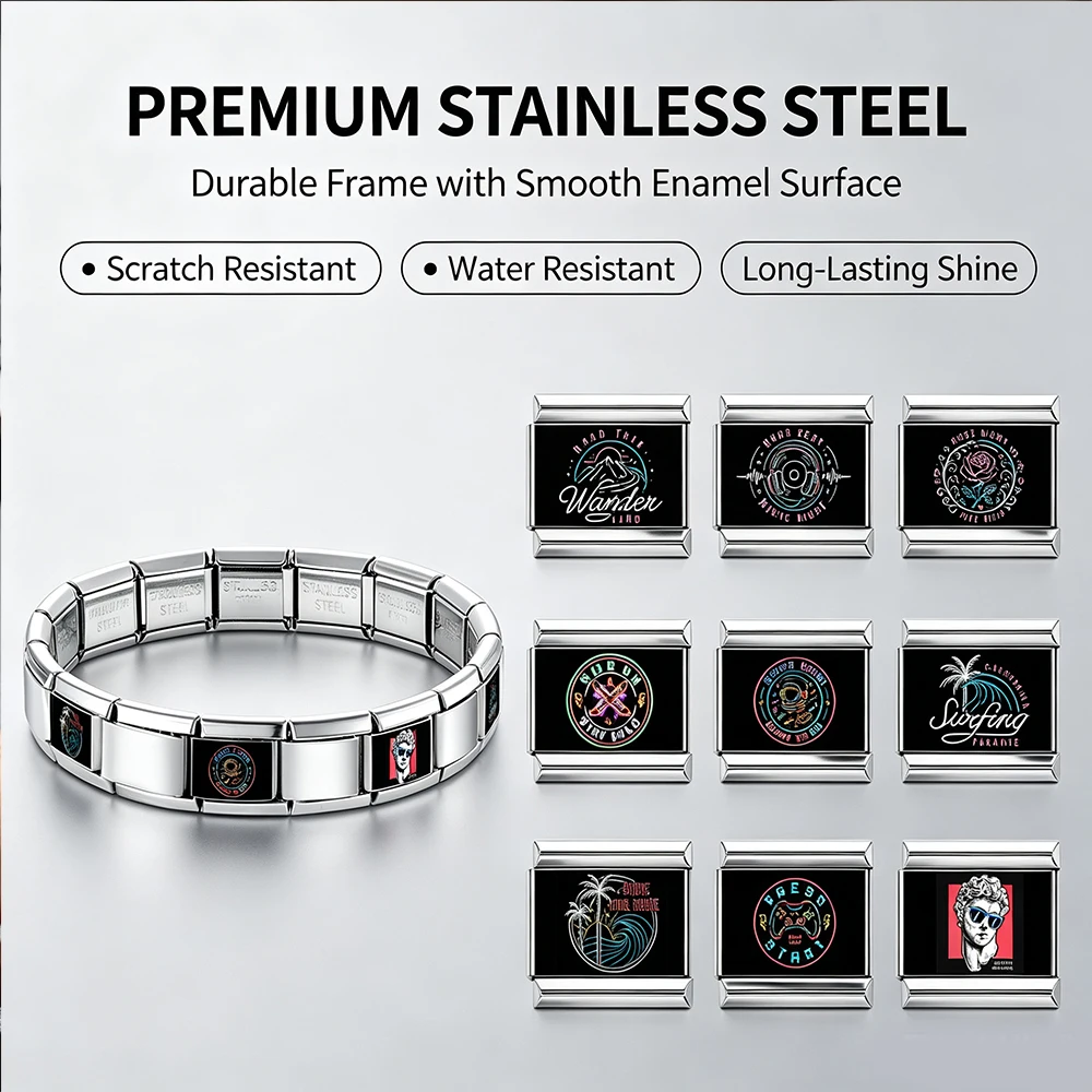 Italian Charm Links Neon Style Daily Wear Fit 9mm Stainless Steel Bracelet DIY Women Jewelry