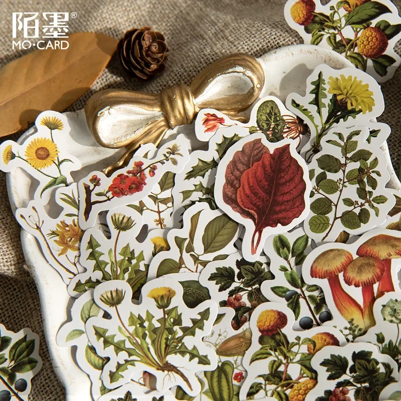 46pcs/lot Vintage Forest Stickers Junk Journal Plant Mushroom Mini Box Stickers Decorative DIY Diary Album Scrapbooking Stickers