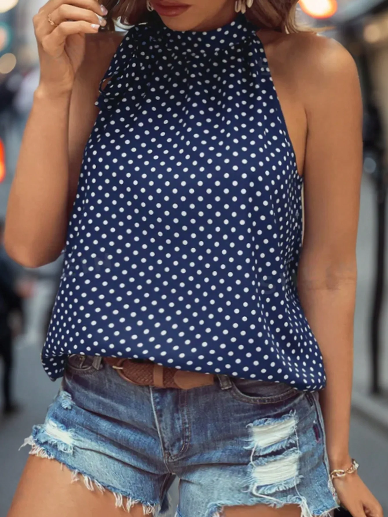Plus Size Women Polka Dot Halter Sleeveless Blouse Summer Loose Fit Bow Tie Back Tank Tops Casual Vacation Shirts