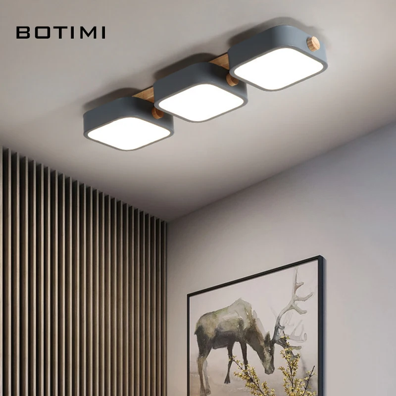 BOTIMI Rectangle Grey Ceiling Light For Bedroom Wooden Modern White Surface Mounted Metal Green Rooms Lighting