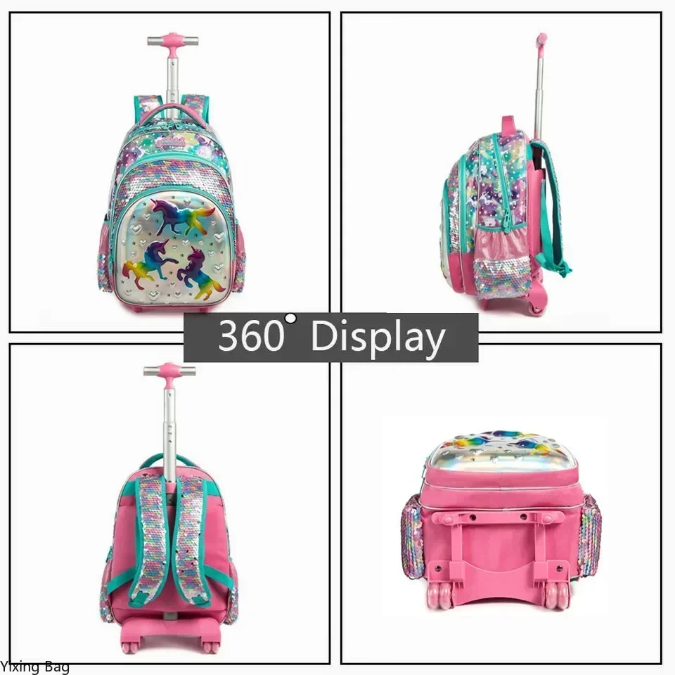 Zaino scolastico per bambine con ruote Set di borse da scuola per ragazze Studenti elementari Zaino con paillettes Borse da viaggio Trolley