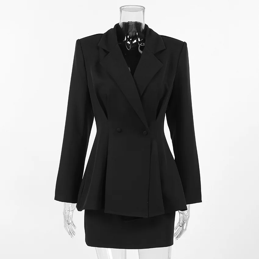Fashion Slim Fit Black Blazer For Women Suit 2026 Spring And Autumn Solid Color Casual Long Sleeve Blazers +skirt 2 Piece Set