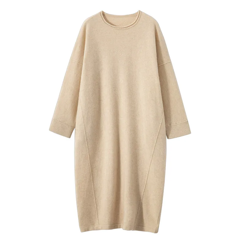 

High-end New 100% Cashmere Sweater Long Dress Women Fashion Knitted Dresses Female Loose Large Size O-Neck Pullover 5Colors