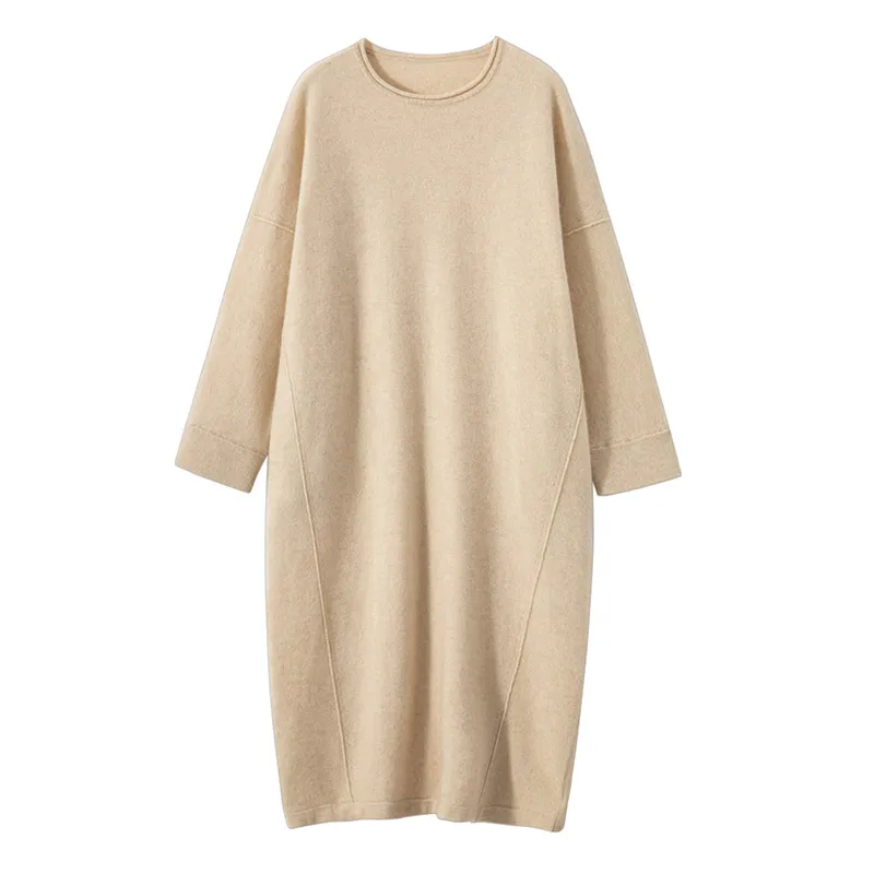 High-end New 100% Cashmere Sweater Long Dress Women Fashion Knitted Dresses Female Loose Large Size O-Neck Pullover 5Colors