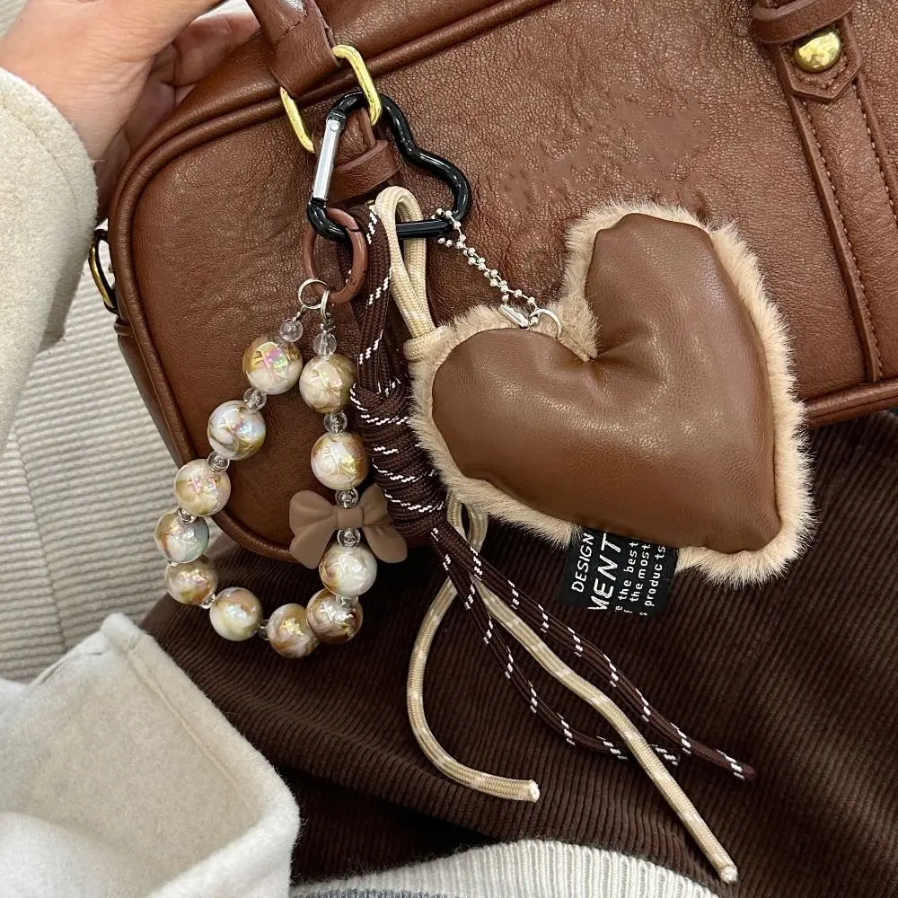 

Brown Leather Maillard Style Designed Key Chain Charm Creative Love Heart Pendant Luxury Long Tassel Keychain Bag Accessories