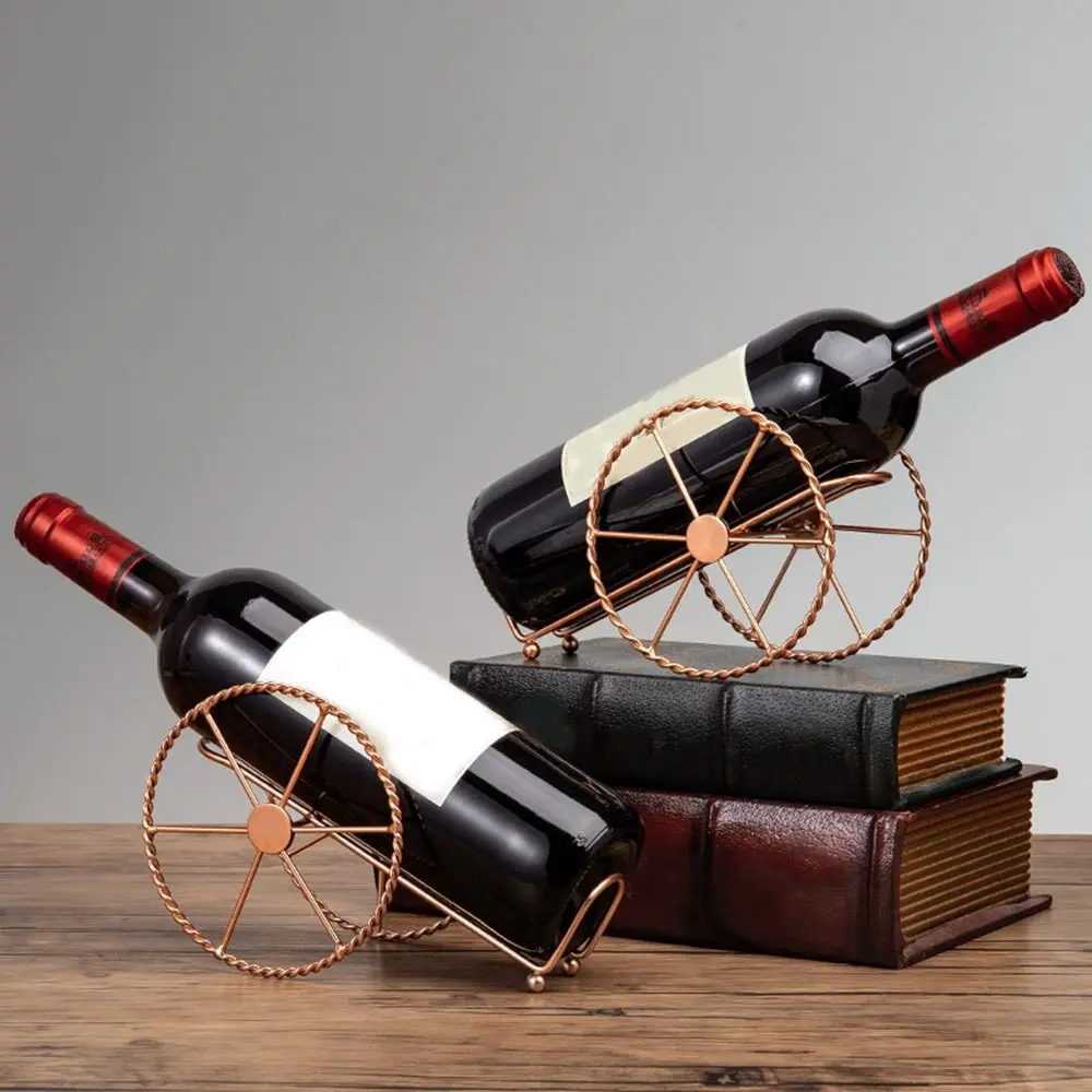 Vintage Iron Wheels Design Wine Holder Electroplating Decorative Wine Display Rack Rose Gold Wine Bottles Stand Restaurant