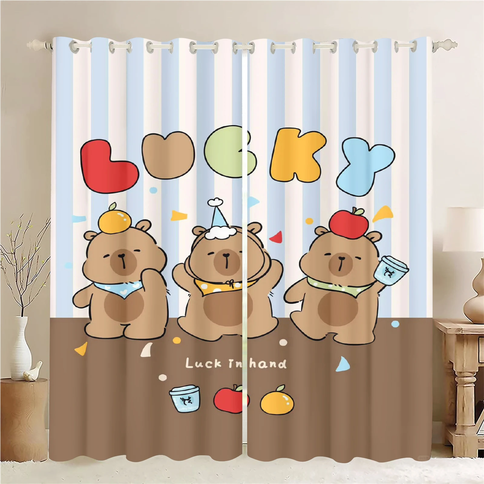 Lucky Three Capybara Striped Curtains Cartoon Fruit Animal Print Window Drapes Home Kids Room Decoration