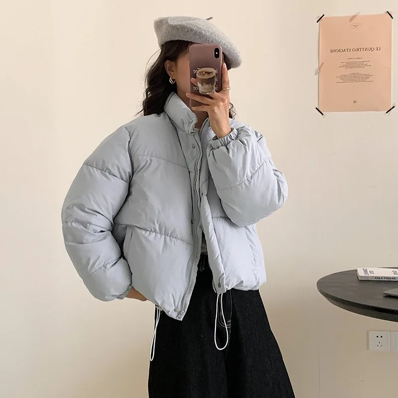 

Korean Version Women's Winter Girl's Parka Cotton-Padded Jacket Thicken Retro Stand Collar Minimalist Zipper Puffer Jacket Coat