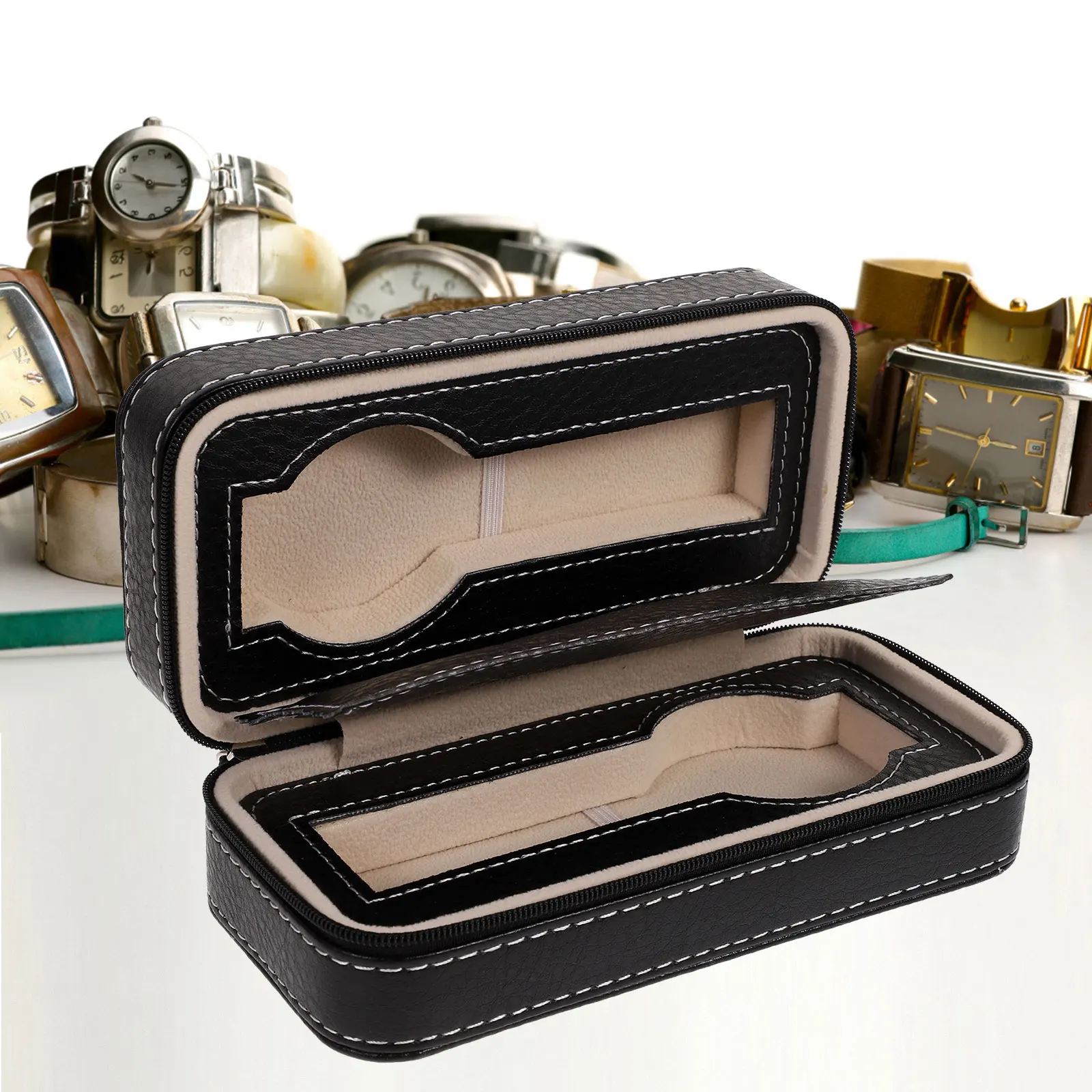 

Black Zippered Watch Travel Case Holds 2 Watches Interior Storage Organizer Watch Collection Travel Bag