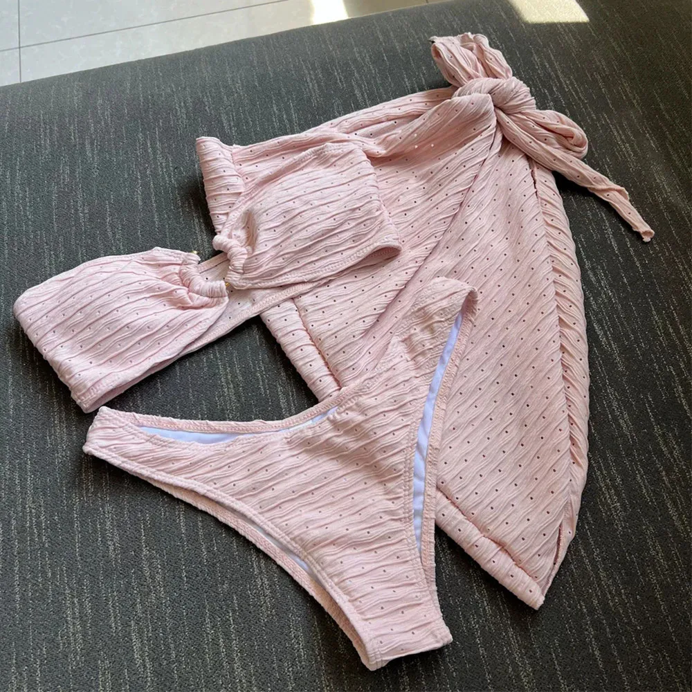 Pink Texture Bandeau Bikinis Sets Swimwear Cover Up Sexy Swimsuit Women Metal Ring Bathing Suit Beach Wear Bikini 2025 Mujer