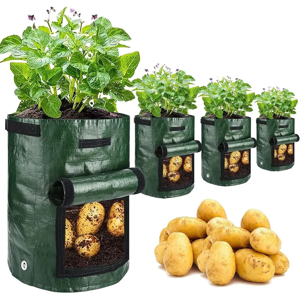 Potato Grow Bags, 4 Pack 10 Gallon with lap and Handles Planter Pots or Onion, Fruits, Tomato, Carrot - Green