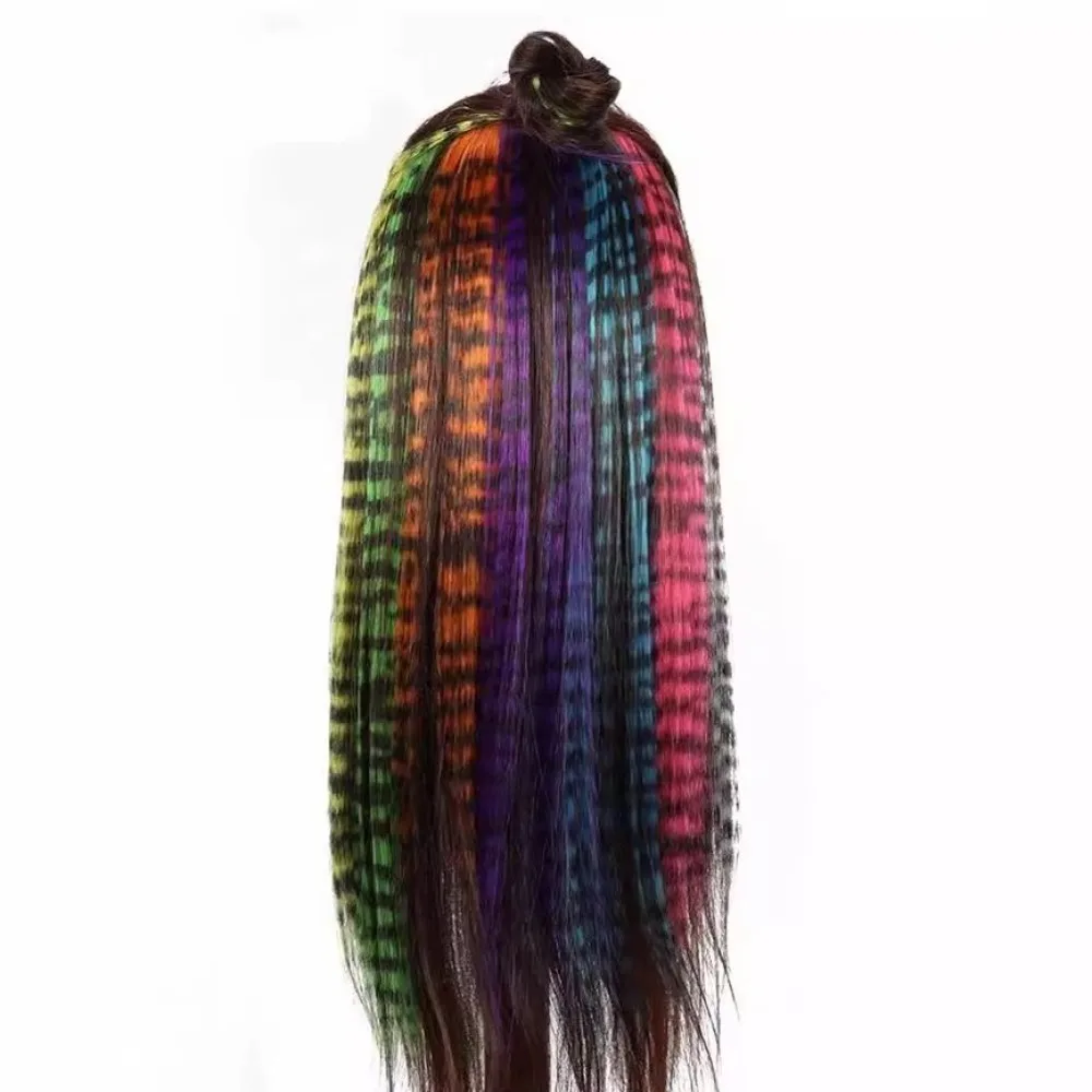 

Новые накладные пряди для волос с принтом в полоску, цветные синтетические пряди, 18 дюймов, прямые, для девочек