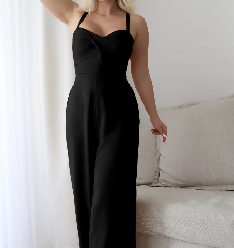 New Fashion 2025 Summer Sexy Elegant Leisure Vacation Commuting Style Solid Color Suspender Wide Leg Jumpsuit Women's Clothing