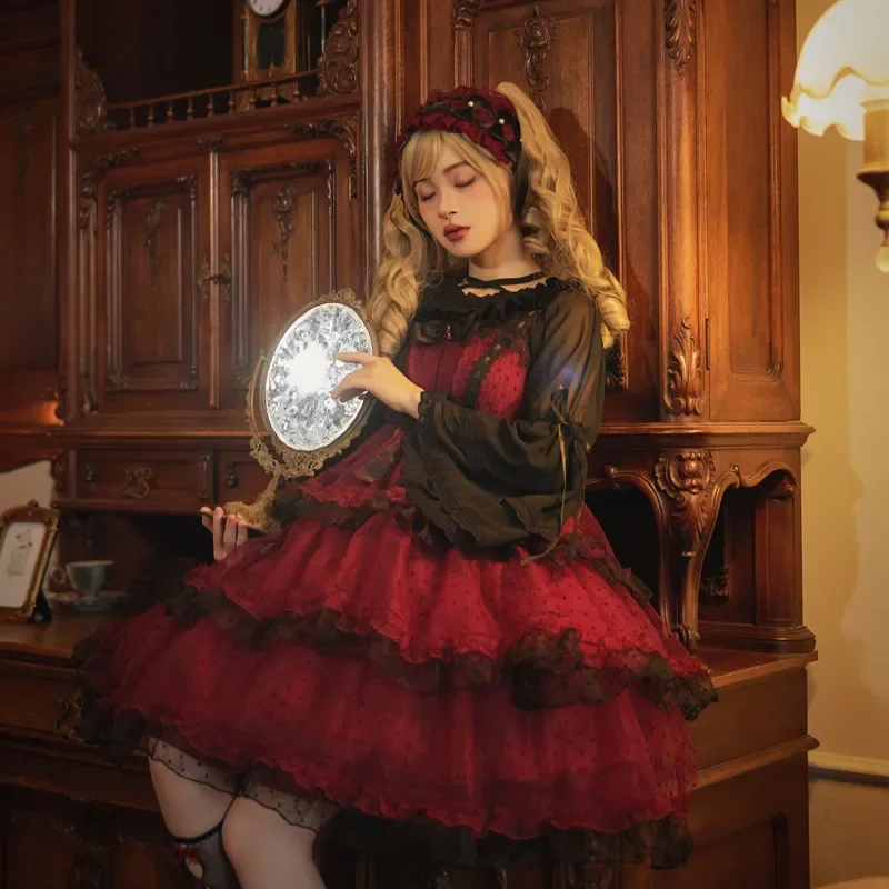 

NONSAR Japanese Gothic Vintage Lolita JSK Dress Women Bow Wine Red Black Ruffles Sling Party Dresses Harajuku Y2k Princess Dress