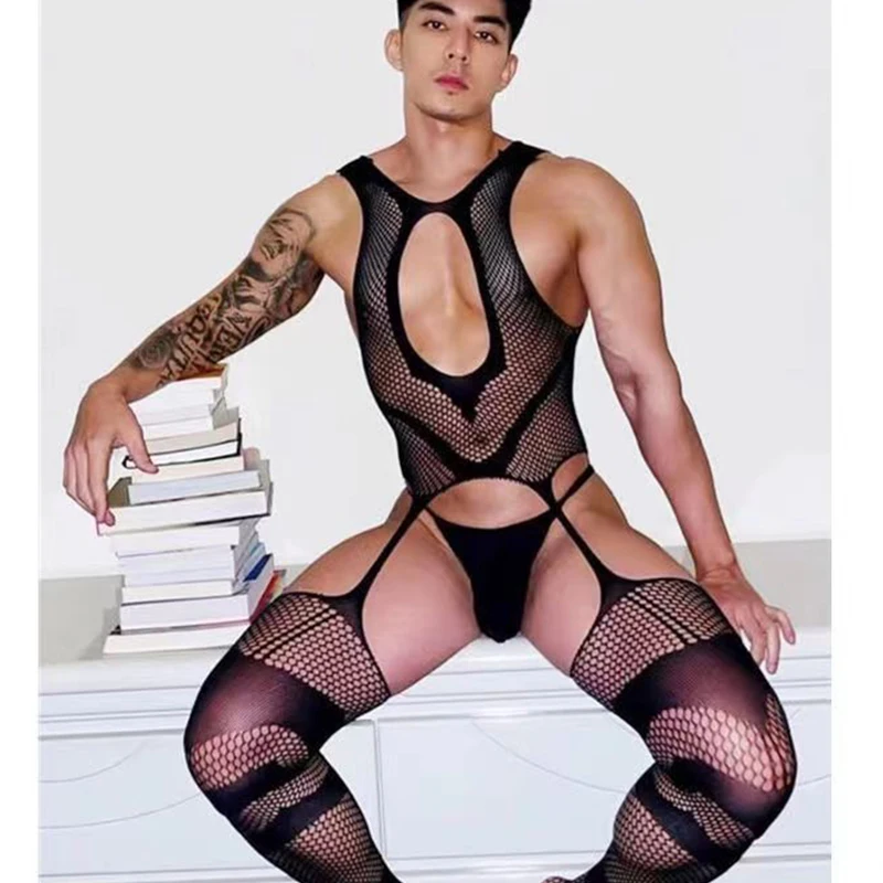 Summer Sex Men Bodysuit Crotchless Bodystocking Exotic Perspective Hollow Out Sleeveless Deep V Backless Jumpsuit Erotic Costume