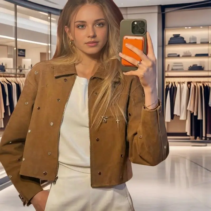 

Замшевая куртка женская винтажная укороченная куртка в западном стиле с шипами мотоциклетная байкерская куртка на молнии ретро верхняя одежда из искусственной кожи пальто