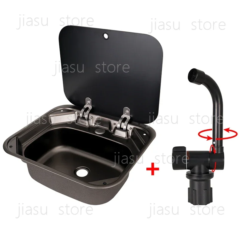Stainless Steel RV Kitchen Sink with Foldable Faucet, 304 Steel & Tempered Glass Cover | Wholesale