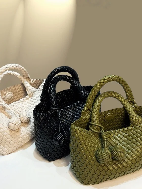 Handwoven Small Tote Bag Leather Handheld Basket Fashionable Pure Color Versatile Design Commute Style Magnetic Buckle Closure