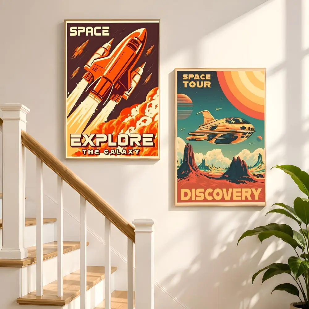 Vintage Space Astronauts Rocket Ufo Aliens Spacecraft Poster HD Matte Peel And Stick Wall Decor Bedroom Living Room Dorm Office