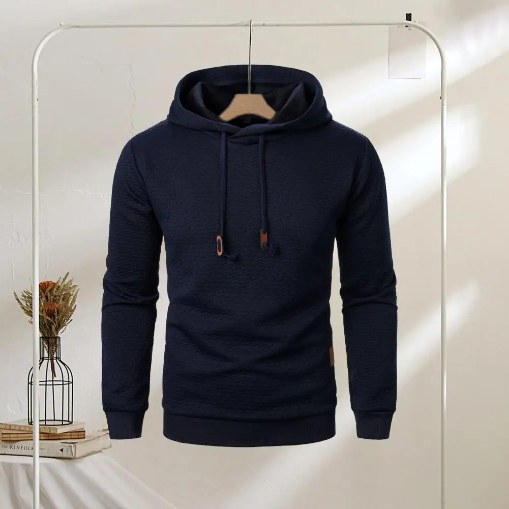 Men Loose Fit Hoodie Men's Fall Winter Jacquard Hoodie With Drawstring Elastic Cuff Hem Solid Color Long Sleeve Sport For Wear