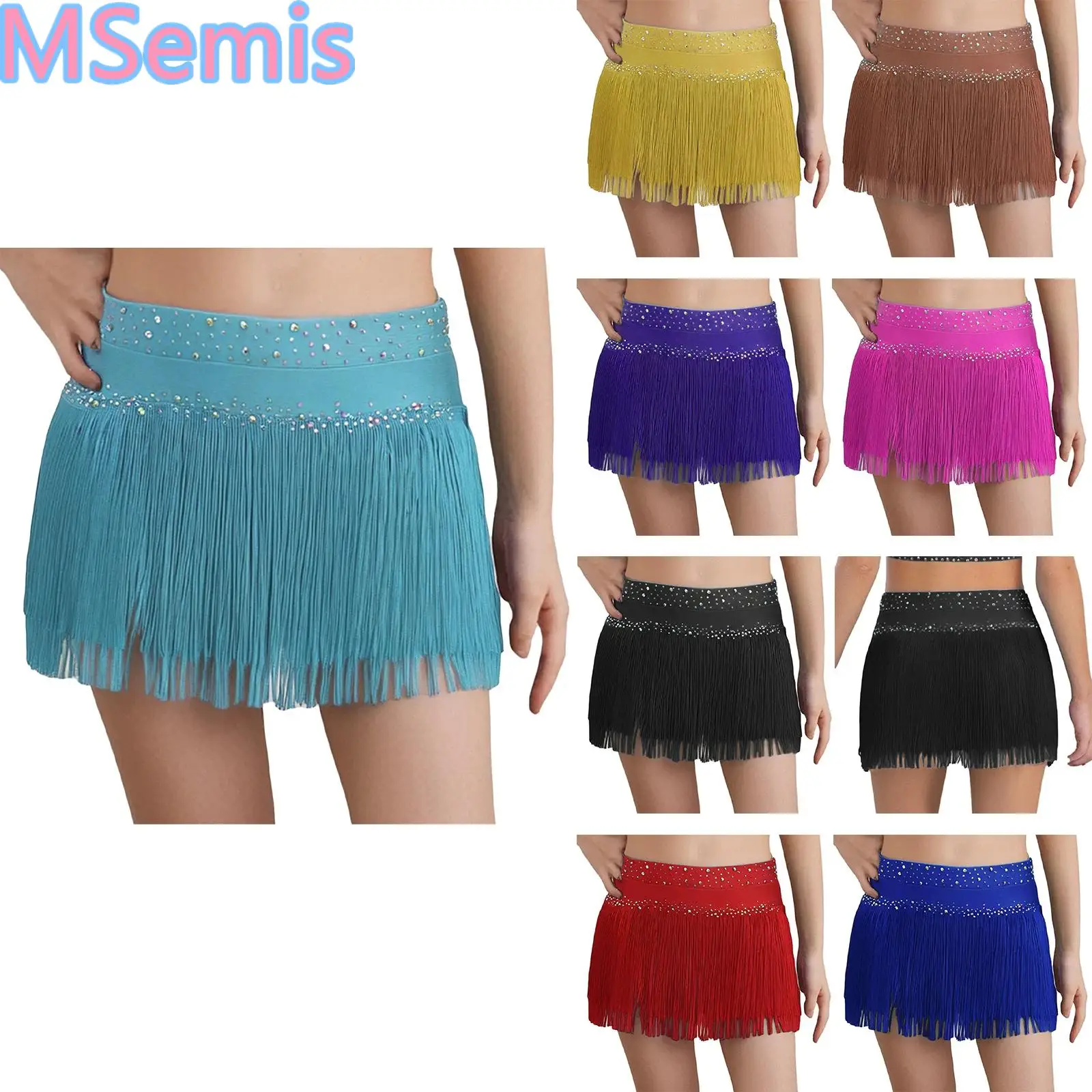 

Kids Girls Tassel Latin Dance Skirts Sparkling Rhinestones Briefs Skirt Solid Color Stage Performance Dancewear