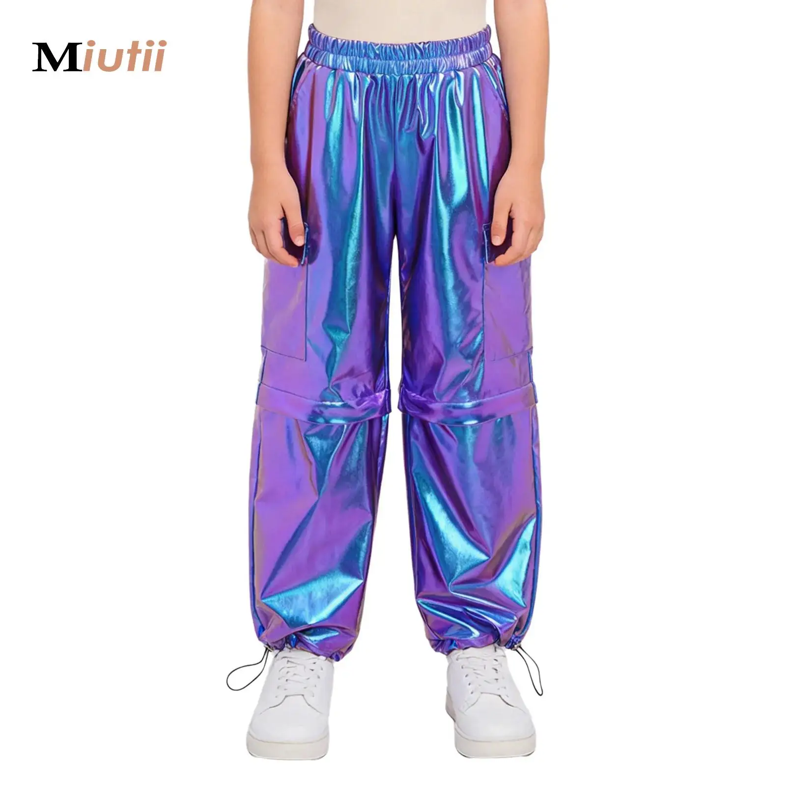 

Cool Metallic Street Dance Costume Kids Jazz Fashion Clothes Boys Girls Hip Hop Jazz Zip-Off Metallic Cargo Pants Runways Show