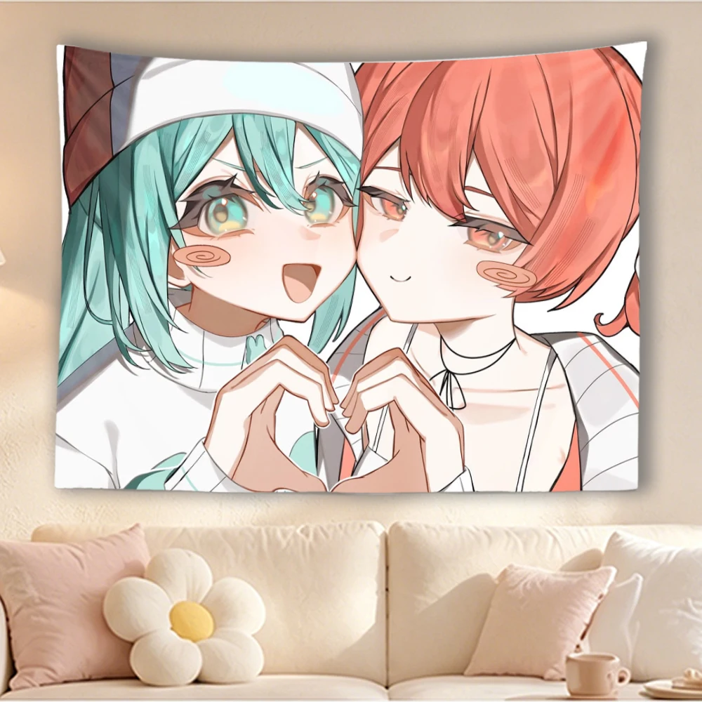 Cute Cartoon Two Young Girls Heart Gesture Tapestry Sweet Fashion Style Wall Hanging Polyester Wall Art Poster For Bedroom Dorm